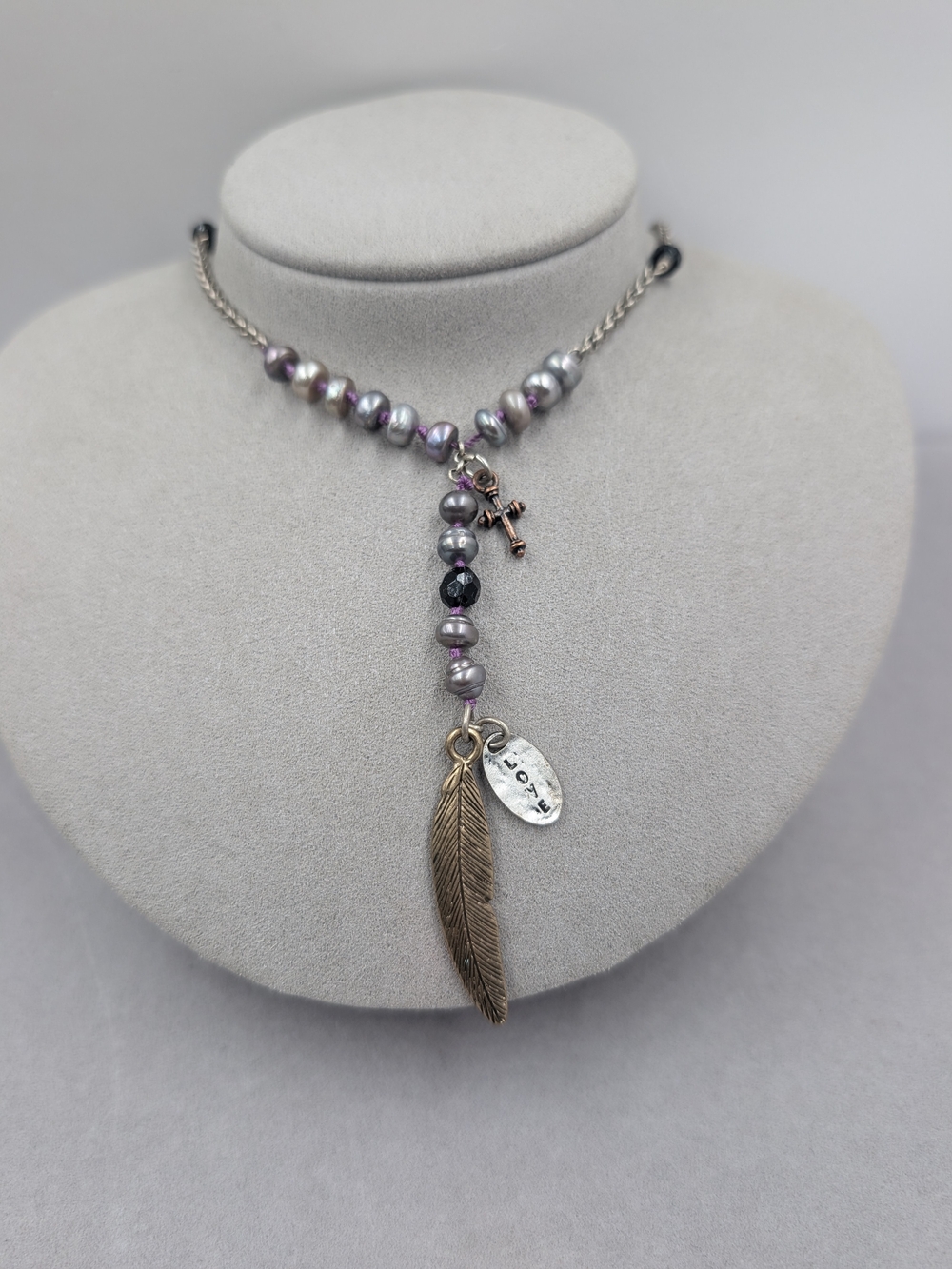 Lucky Brand Gray Pearl Feather Cross Boho Lariat Necklace | M252
